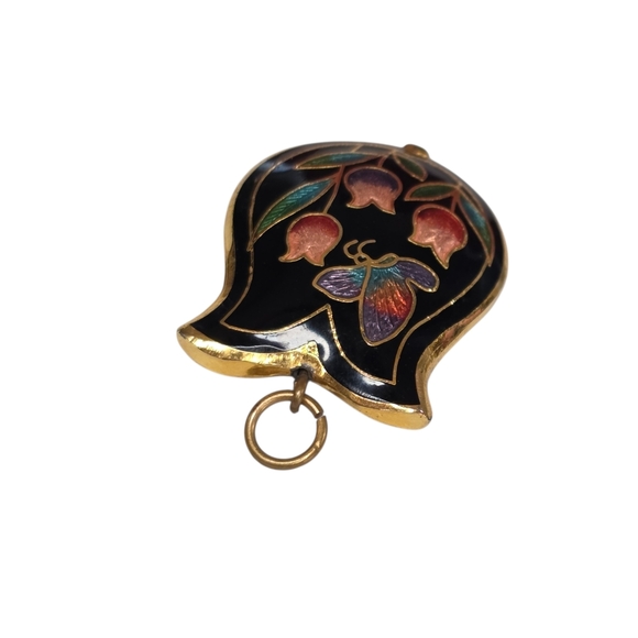 Vintage Cloisonné Tulip Pendant Butterfly Floral Black Enamel Gold Tone 1"x.75" - Picture 5 of 7